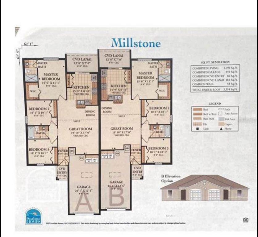 This floor plan shows two mirrored residential units, each featuring three bedrooms, a garage, and lanai — 74 EMERSON DRIVE UNIT A & B, PALM COAST, FL