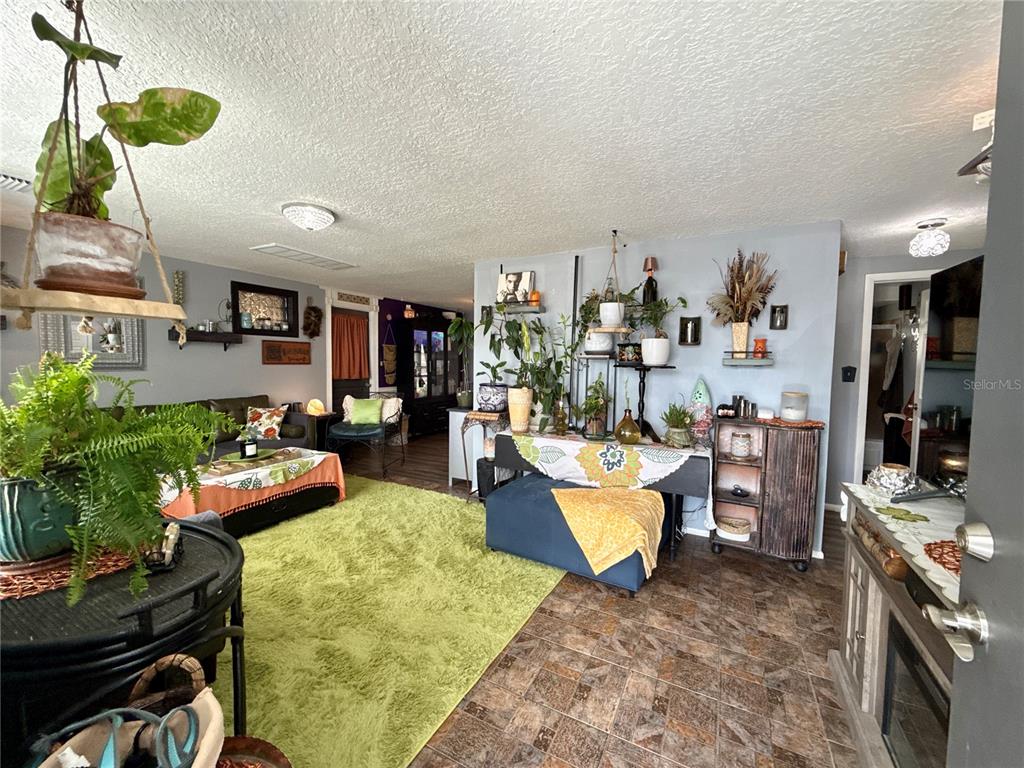 A living room features a green shag rug, tile flooring, and numerous potted plants — 1421 WICKHAM LANE, HOLIDAY, FL