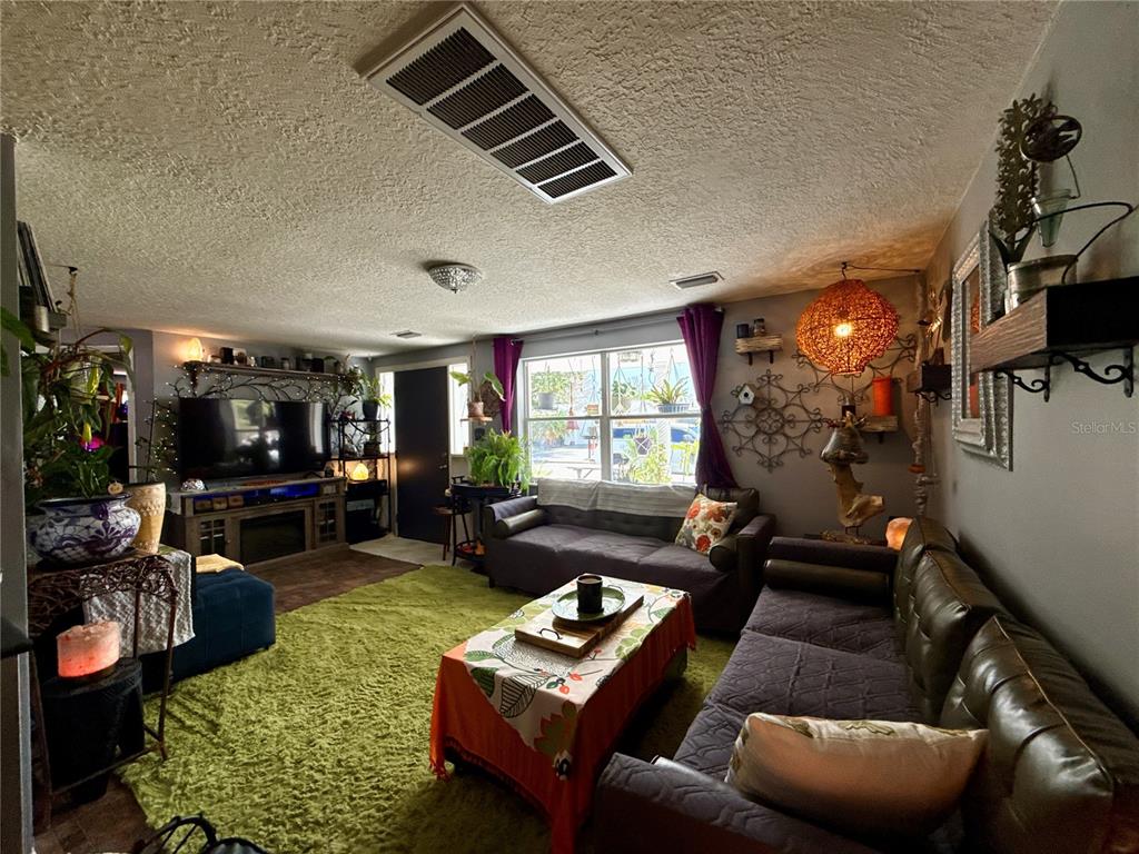 A living room features a green shag rug, two sofas, and a central coffee table — 1421 WICKHAM LANE, HOLIDAY, FL