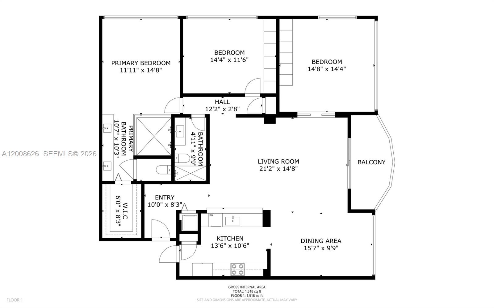 This is a floor plan for a three-bedroom, two-bathroom apartment with a balcony — 1420 Brickell Bay Dr # 1001A, Miami FL 33131, MIAMI, FL