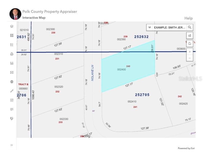 This is a property tax map showing parcel boundaries and dimensions for a residential area — 440 NOLANE LANE, POLK CITY, FL