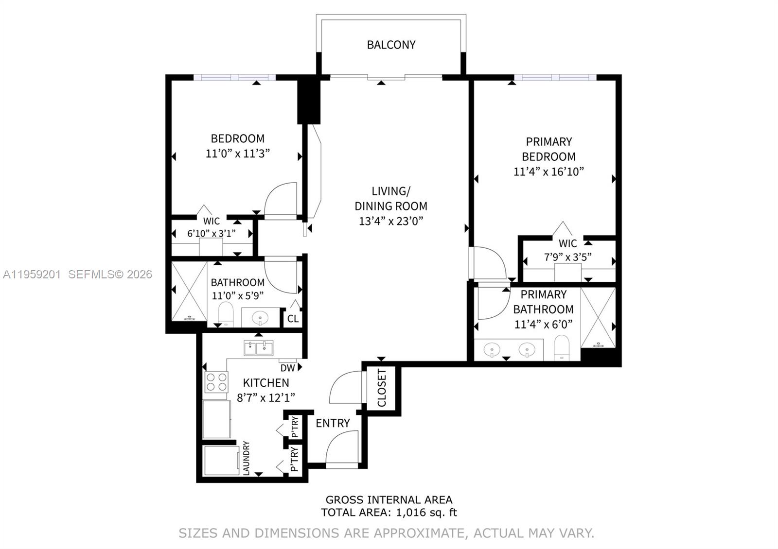 This is a floor plan for a two-bedroom, two-bathroom apartment with a balcony — 31 SE 5th St # 2408, Miami FL 33131, MIAMI, FL