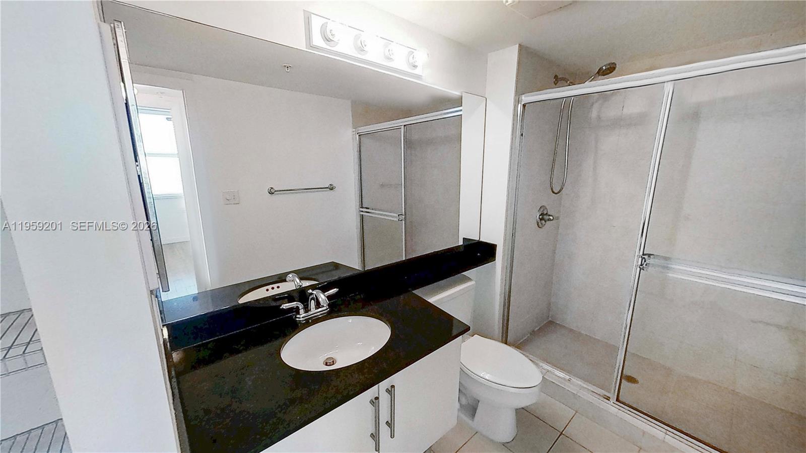 A bathroom features a white vanity with a black countertop, a toilet, and a glass-enclosed shower — 31 SE 5th St # 2408, Miami FL 33131, MIAMI, FL