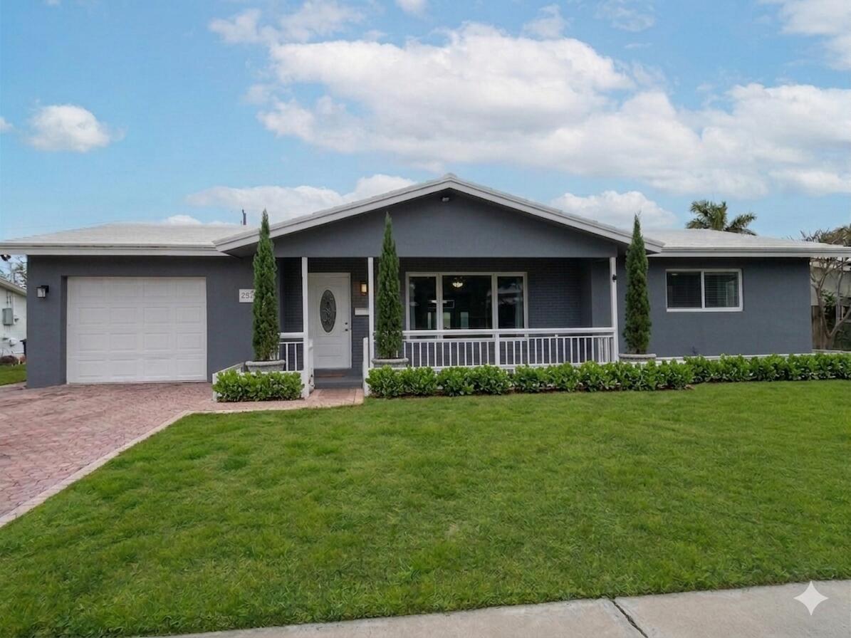 A gray single-story house with a white garage door, front porch, and manicured lawn — 257 SW 5th Street, Boca Raton FL 33432, BOCA RATON, FL