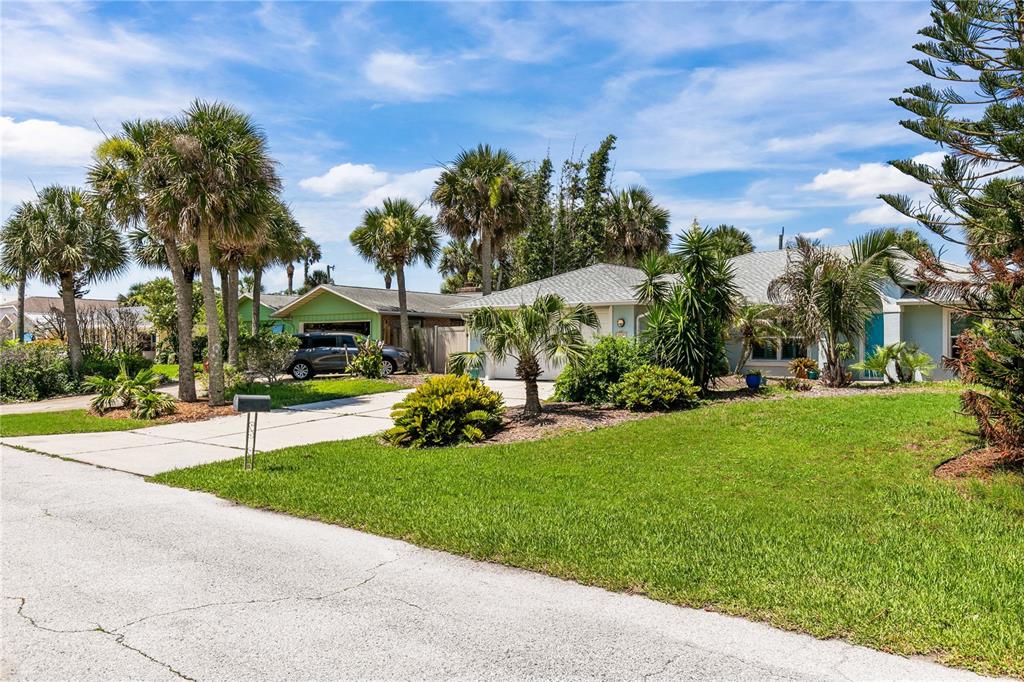 A single-story house with a light-colored exterior, a driveway, and palm trees in the yard — 4610 DORIS DRIVE, NEW SMYRNA BEACH, FL