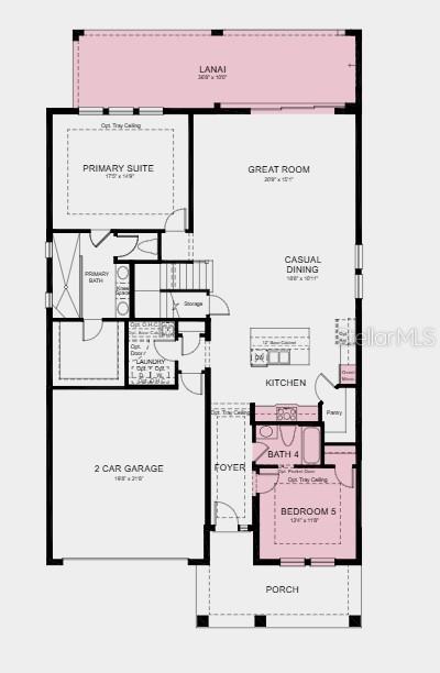 This is a floor plan for a single-story home featuring a garage, lanai, and five bedrooms — 1623 ANSON LANE, ZEPHYRHILLS, FL