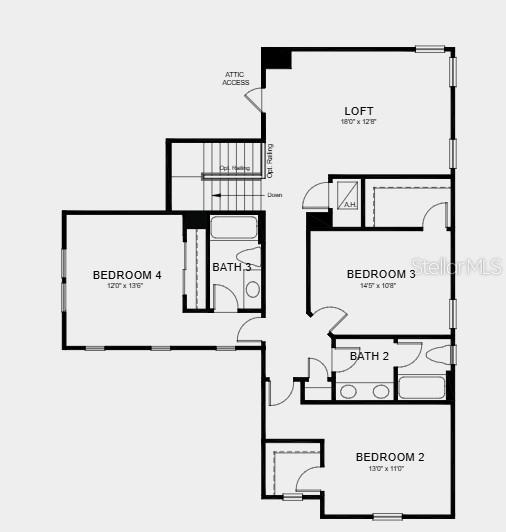 This floor plan shows the layout of an upper level with three bedrooms, a loft, and two bathrooms — 1623 ANSON LANE, ZEPHYRHILLS, FL