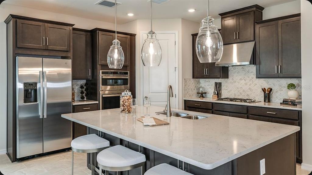 A modern kitchen features dark wood cabinets, stainless steel appliances, and a large quartz island — 1623 ANSON LANE, ZEPHYRHILLS, FL