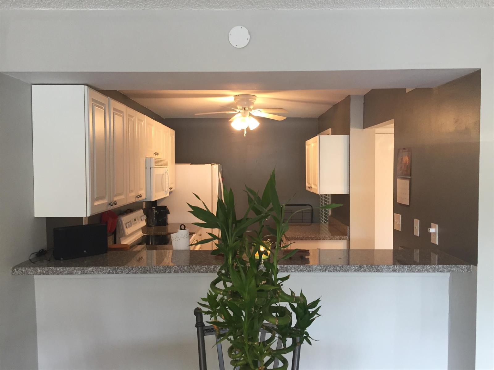 A kitchen with white cabinets, granite countertops, and a ceiling fan viewed over a counter — 10 Royal Palm Way # 2030, Boca Raton FL 33432, BOCA RATON, FL