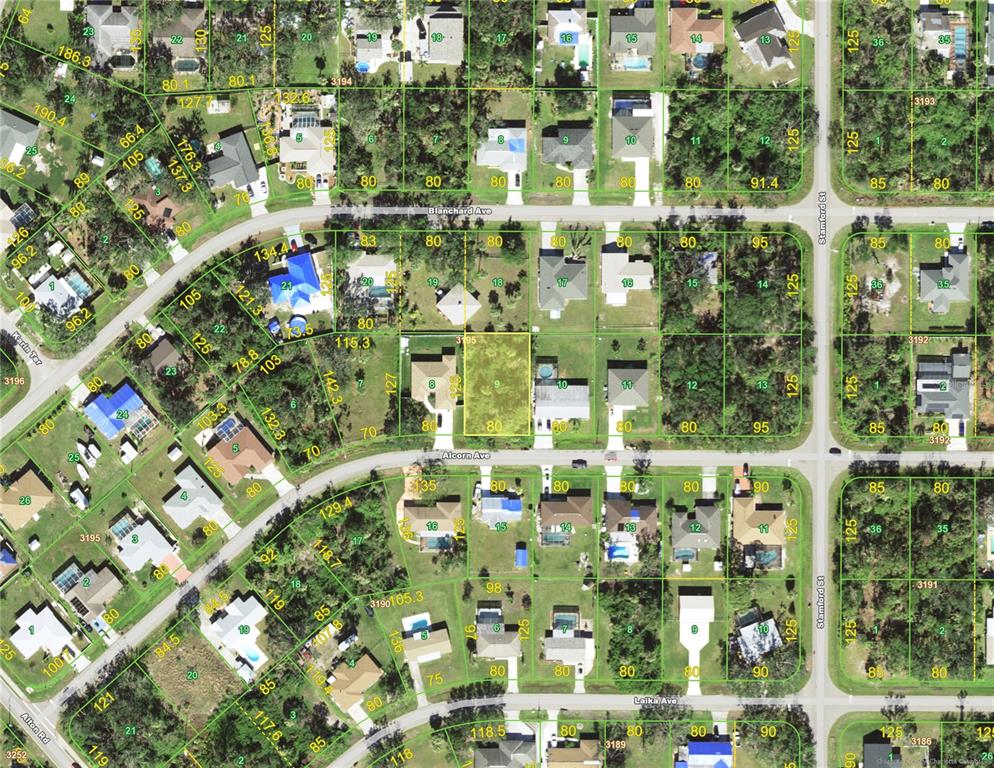 This is an aerial map showing residential lots and streets in a suburban neighborhood — 22344 ALCORN AVENUE, PORT CHARLOTTE, FL