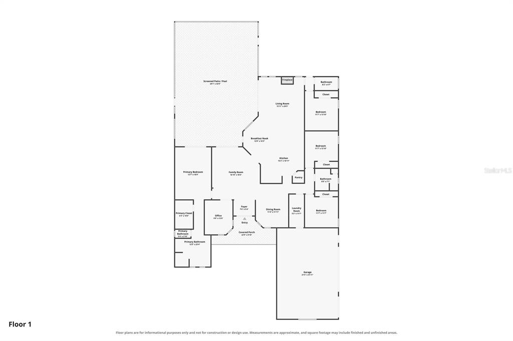 This is a floor plan for a single-story house with a garage and screened patio — 7508 DUNBRIDGE DRIVE, ODESSA, FL
