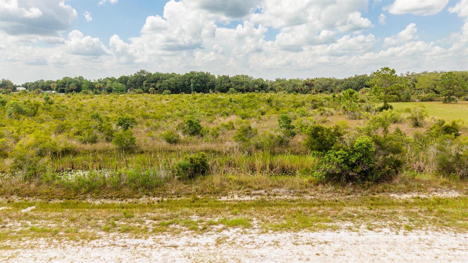 A wide, grassy field with scattered shrubs and a small pond under a cloudy sky — 16841 NW 300th Street, Okeechobee FL 34972, OKEECHOBEE, FL