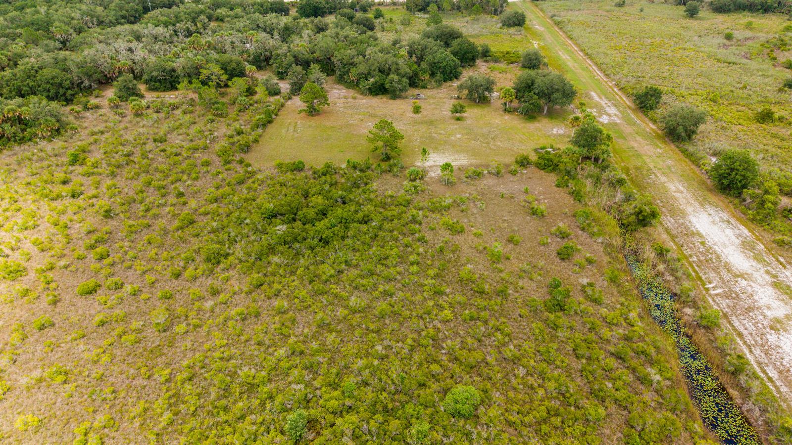 An aerial view shows a grassy clearing surrounded by trees next to a dirt road — 16841 NW 300th Street, Okeechobee FL 34972, OKEECHOBEE, FL