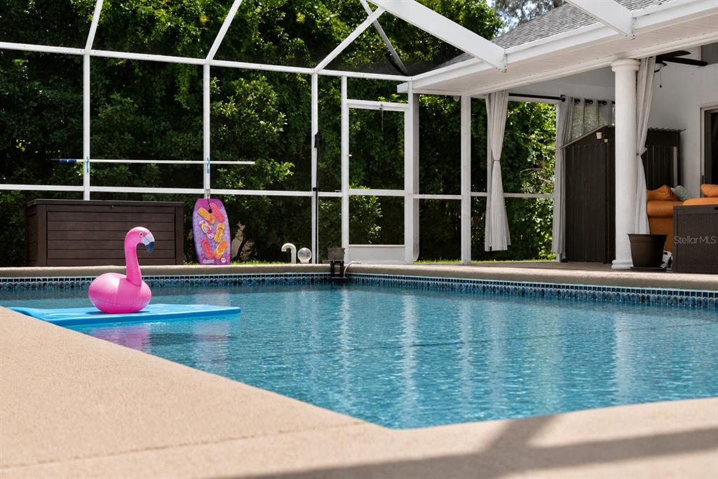 A swimming pool with a pink flamingo float sits inside a screened-in lanai — 4334 DOTTIE COURT, SPRING HILL, FL