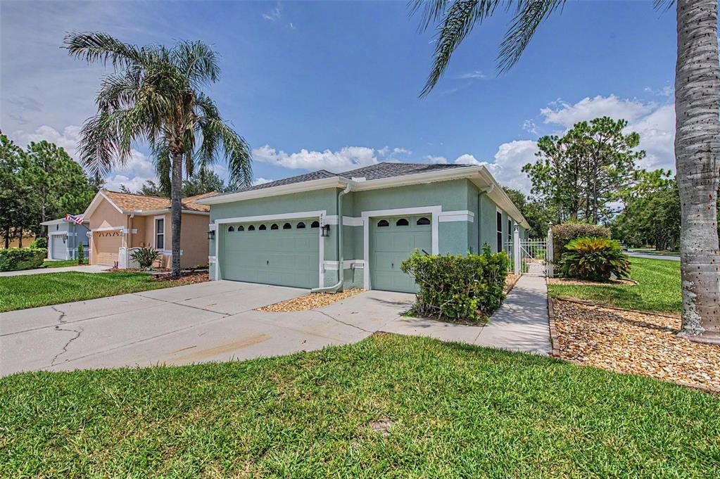A light green single-story house with a three-car garage and a palm tree in front — 8046 PONKAN ROAD, LAND O LAKES, FL