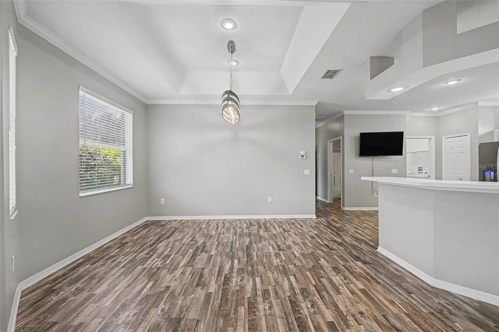 An empty dining room features a tray ceiling, a pendant light, and wood-look flooring — 8046 PONKAN ROAD, LAND O LAKES, FL