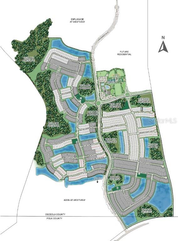 This is a site plan rendering of a residential community featuring homes, lakes, and preserves — 5467 ISLA SAONA DRIVE, KISSIMMEE, FL