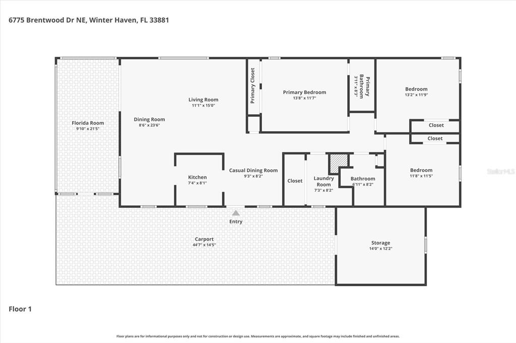 This is a floor plan for a single-story house with a carport and storage area — 6775 BRENTWOOD DRIVE NE, WINTER HAVEN, FL