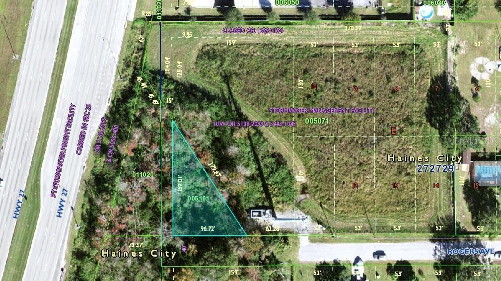 This is a property map showing a vacant lot with a highlighted triangular section — ROGERS AVENUE, HAINES CITY, FL