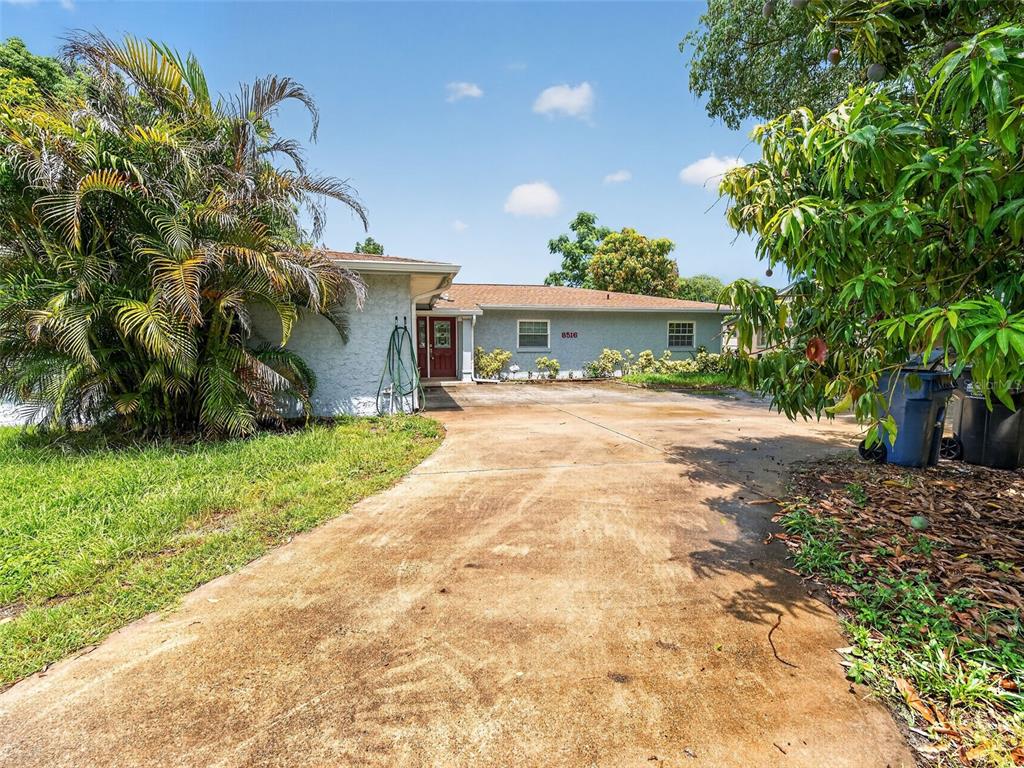 A single-story house with a concrete driveway, a red front door, and surrounding landscaping — 8516 TWIN LAKE BLVD, TAMPA, FL
