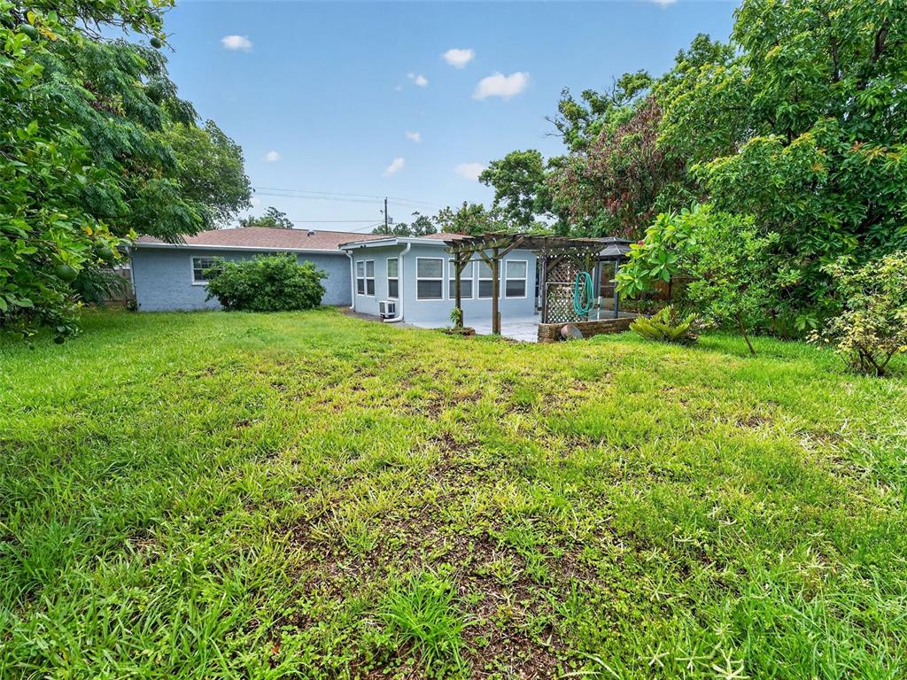 A backyard view of a single-story house with a wooden pergola over a patio — 8516 TWIN LAKE BLVD, TAMPA, FL