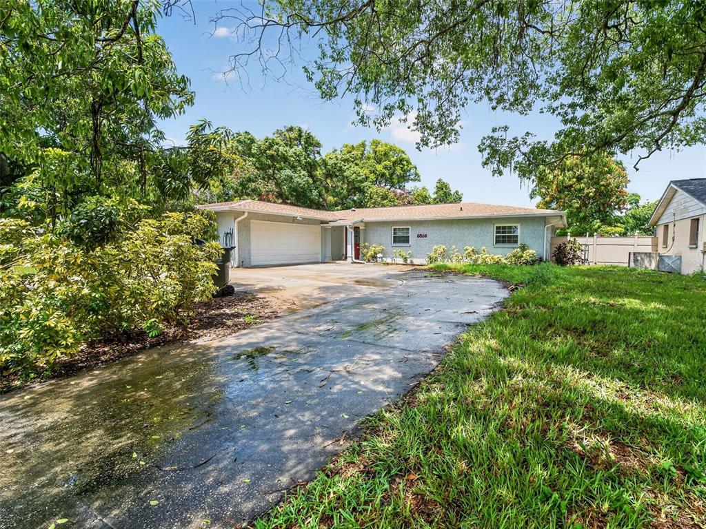 A single-story house with a light-colored exterior, a two-car garage, and a concrete driveway — 8516 TWIN LAKE BLVD, TAMPA, FL