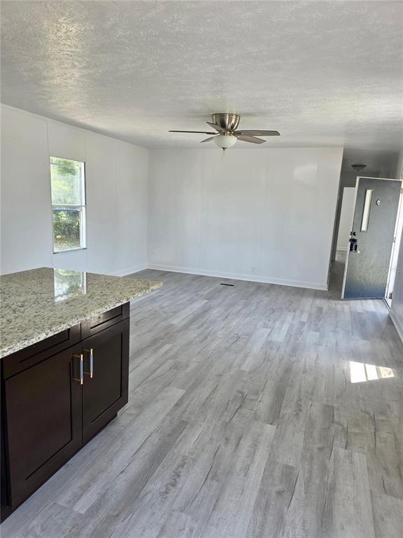 A living room with light wood-look flooring, white walls, and a ceiling fan — 4521 DUNKELD AVENUE, ORLANDO, FL