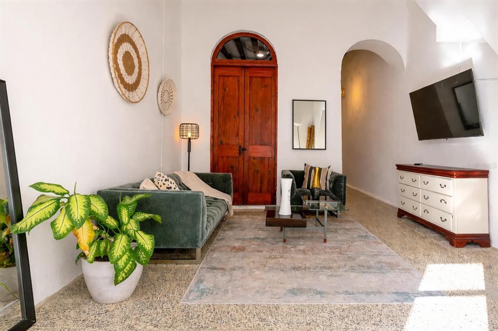 A living room features a green velvet sofa, a wooden door, and a television console — 54 CALLE CRUZ UNIT 54, SAN JUAN, PR
