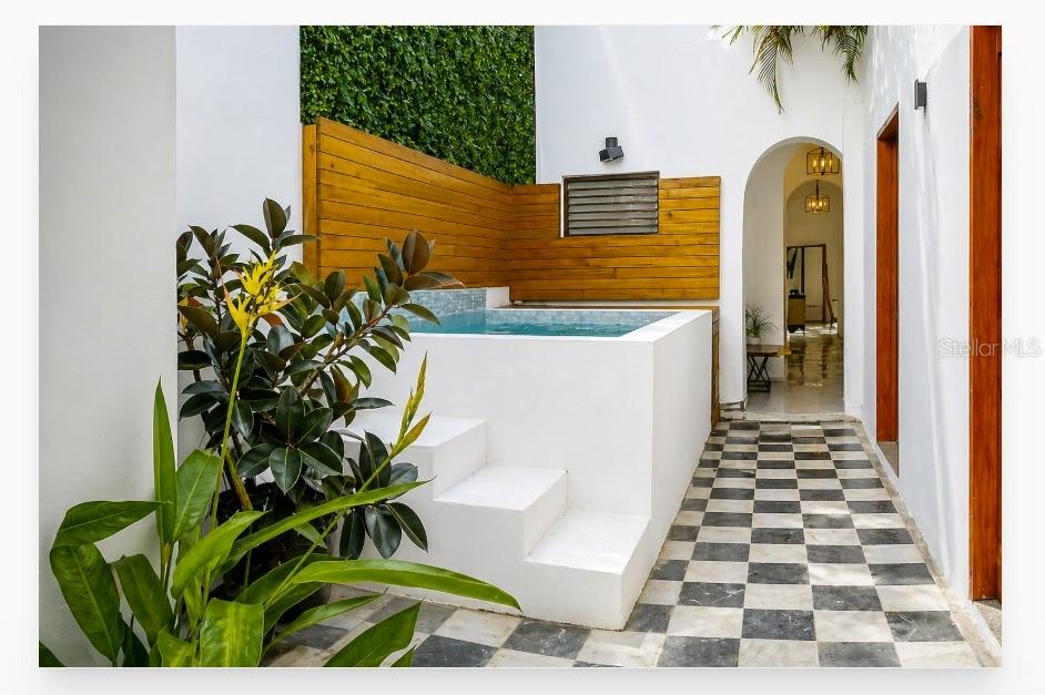 A small plunge pool with white steps sits on a black and white checkered patio — 54 CALLE CRUZ UNIT 54, SAN JUAN, PR
