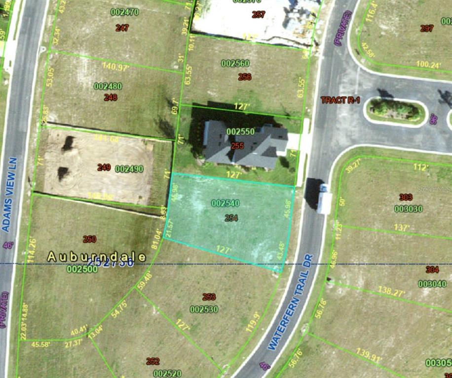 This is a property map showing residential lots and street layouts in a neighborhood — 433 WATERFERN TRAIL DRIVE, AUBURNDALE, FL