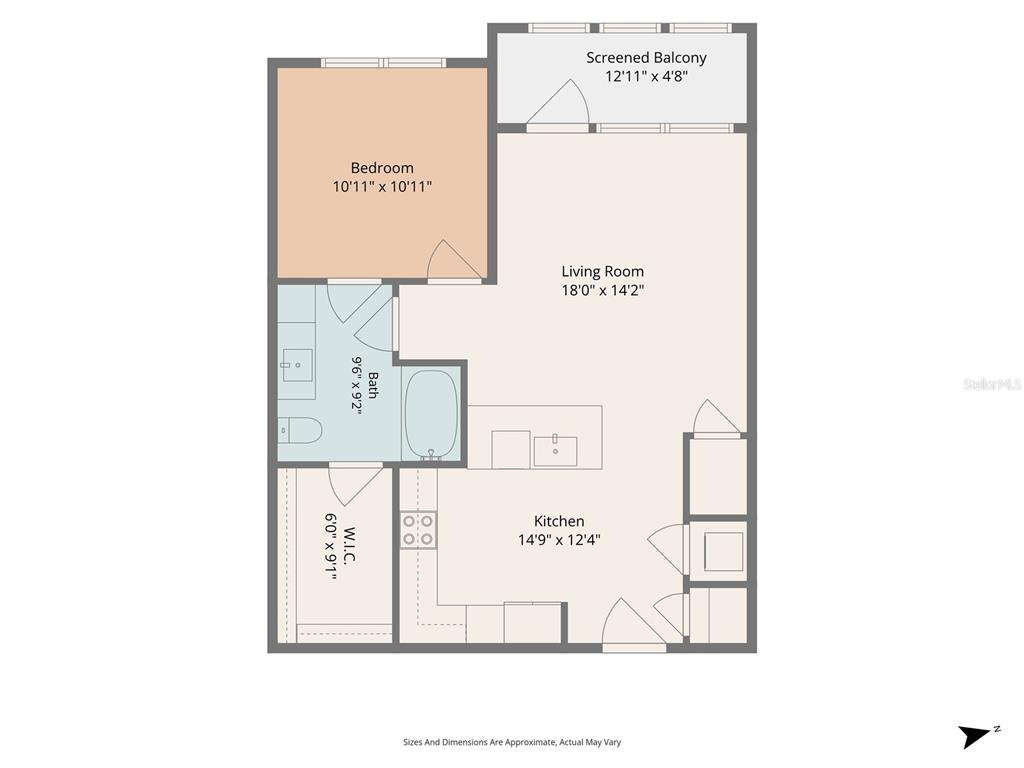 This is a floor plan for a one-bedroom apartment with a kitchen, bath, and balcony — 1700 RANCH ROAD UNIT A3-2117, NOKOMIS, FL