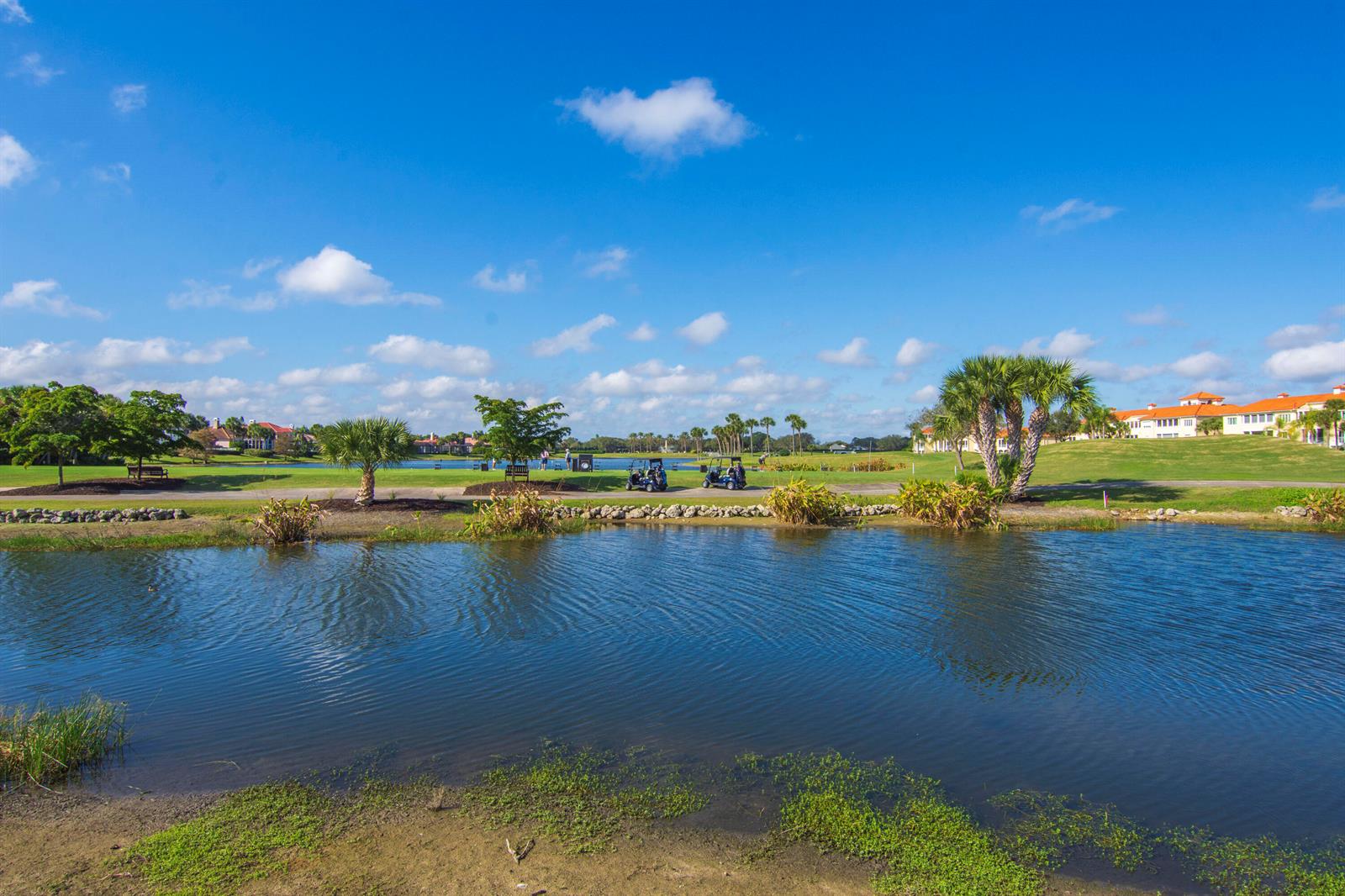 A pond in the foreground overlooks a golf course with palm trees and residential buildings — 5045 Harmony Circle # 209, Vero Beach FL 32967, VERO BEACH, FL