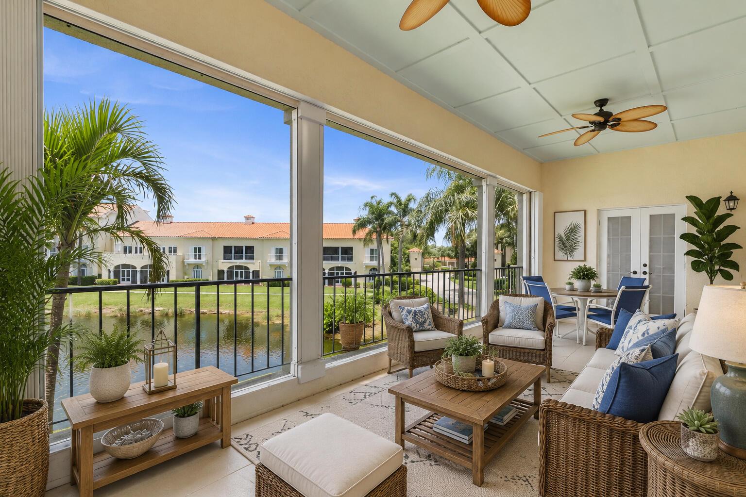A screened-in balcony features wicker furniture, a coffee table, and views of a pond — 5045 Harmony Circle # 209, Vero Beach FL 32967, VERO BEACH, FL