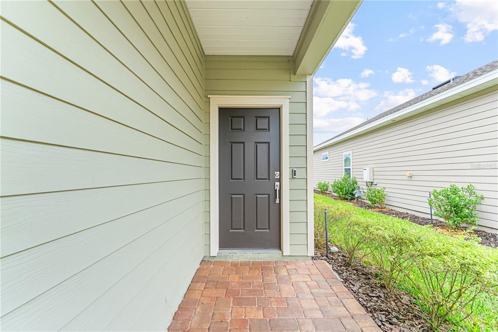 A dark gray front door with six panels is set into a light green exterior wall — 507 TYNES BOULEVARD, MIDDLEBURG, FL