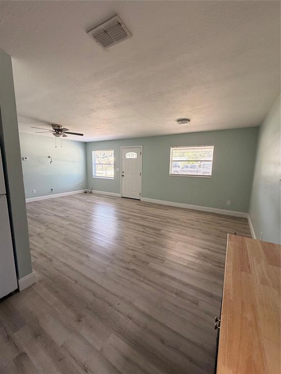 A spacious living room features light green walls, wood-look flooring, and a ceiling fan — 415 W EASY STREET, BARTOW, FL