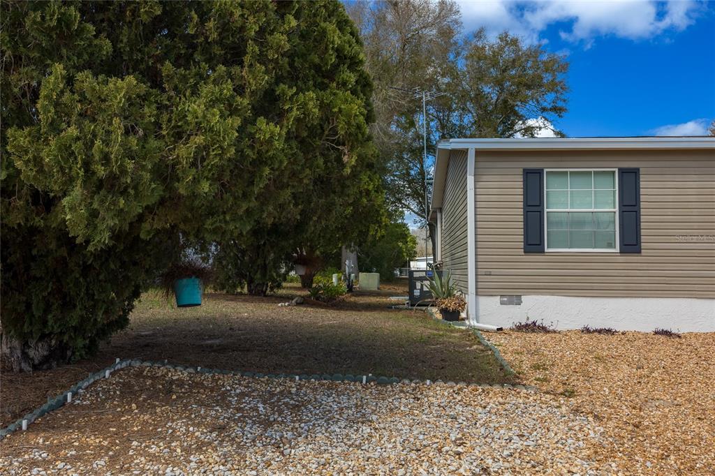 A side view of a tan mobile home exterior with a gravel yard and trees — 8144 WEATHERFORD AVENUE, BROOKSVILLE, FL