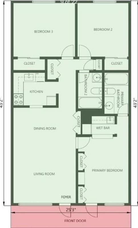 This floor plan shows a three-bedroom apartment layout with a living room, kitchen, and bathrooms — 701 Pine Drive # 107, Pompano Beach FL 33060, POMPANO BEACH, FL