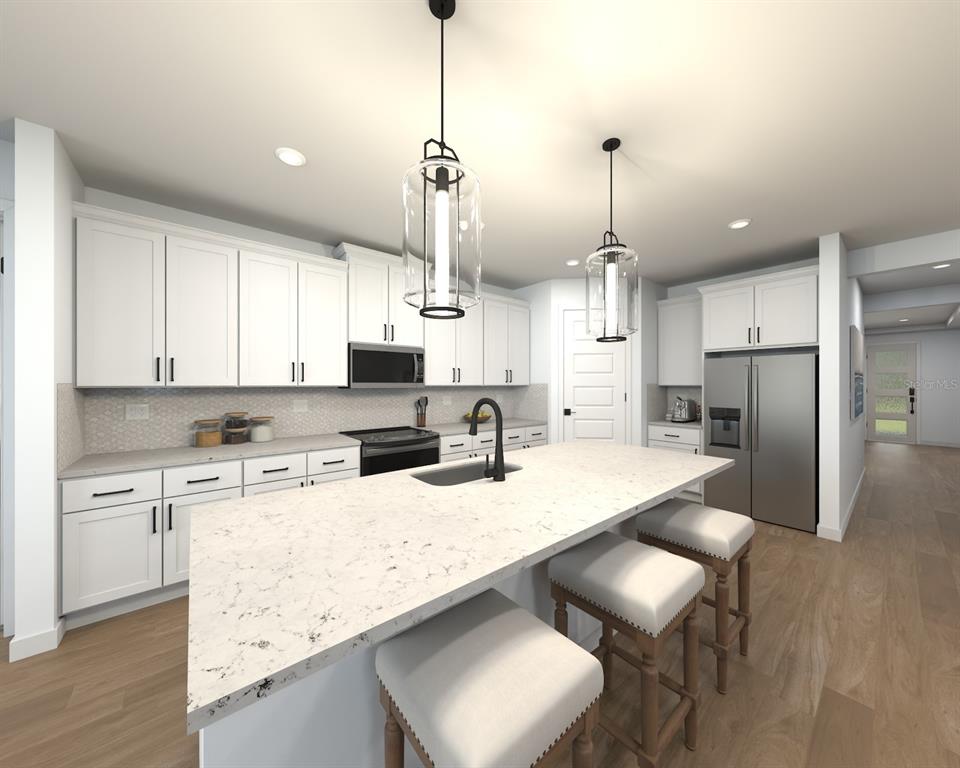 This is a rendering of a modern kitchen with white cabinets, a stone island, and stools — 13323 SHELLMORE AVENUE, PALMETTO, FL