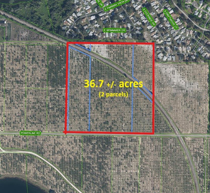 An aerial map view shows a 36.7-acre parcel of land bordered by roads and trees — 3162 POWER LINE ROAD, AVON PARK, FL