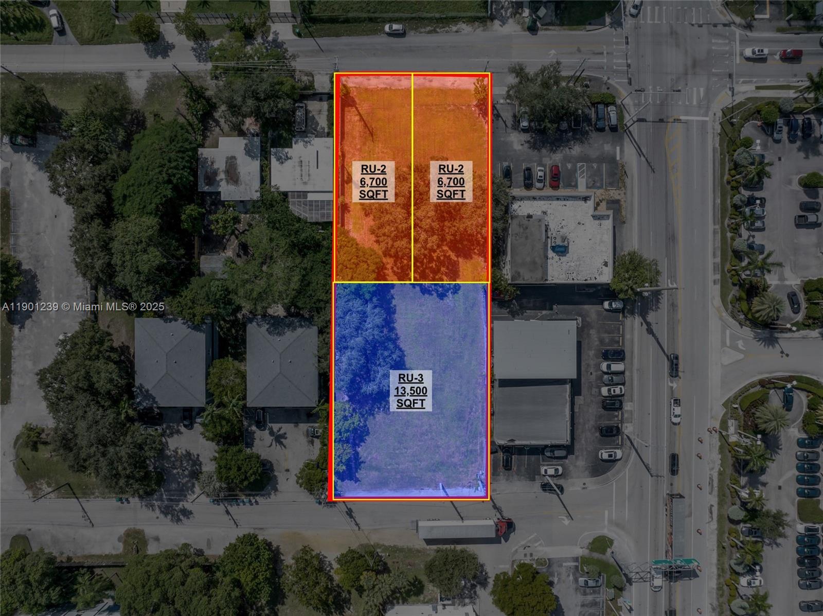 An aerial map shows three adjacent land parcels with zoning and square footage labels — 137 NW 165th St, Miami FL 33169, MIAMI, FL