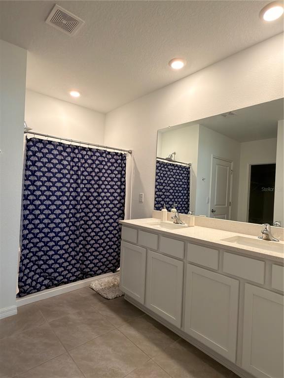 A bathroom features a white double vanity, a large mirror, and a blue patterned shower curtain — 3410 IVY HOLLOW DRIVE, PLANT CITY, FL