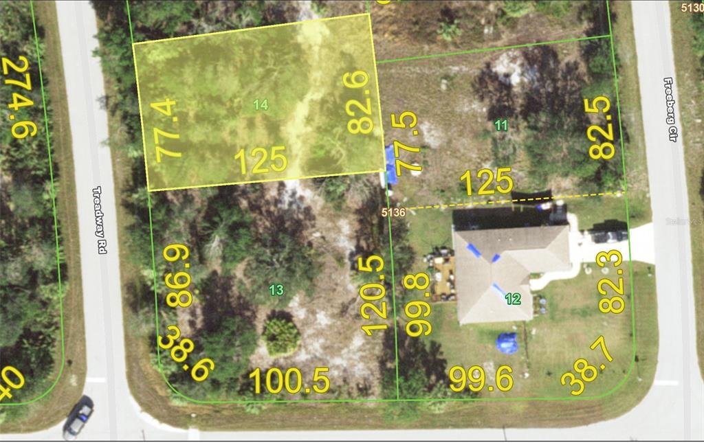 This is a map showing property lot lines and dimensions for several adjacent residential parcels — 7296 TREADWAY ROAD, PORT CHARLOTTE, FL