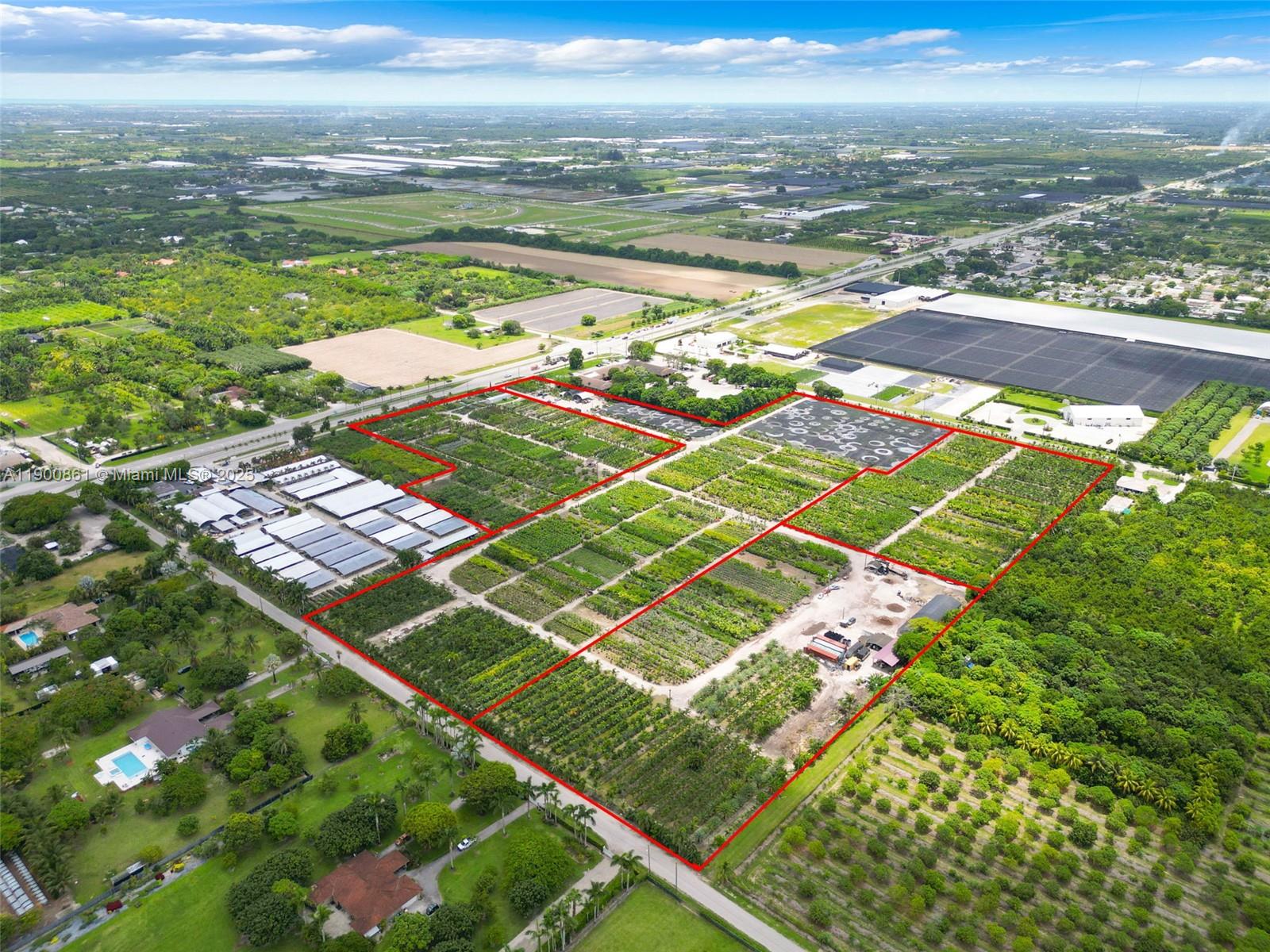An aerial view shows a large agricultural nursery property outlined in red — 19000 SW KROME AKA 177 AVE, Miami FL 33187, MIAMI, FL