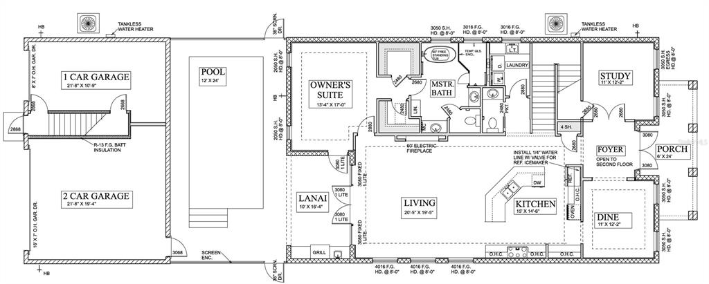 This is a floor plan for a house featuring a pool, lanai, and three-car garage — 215 2ND AVENUE N, SAFETY HARBOR, FL
