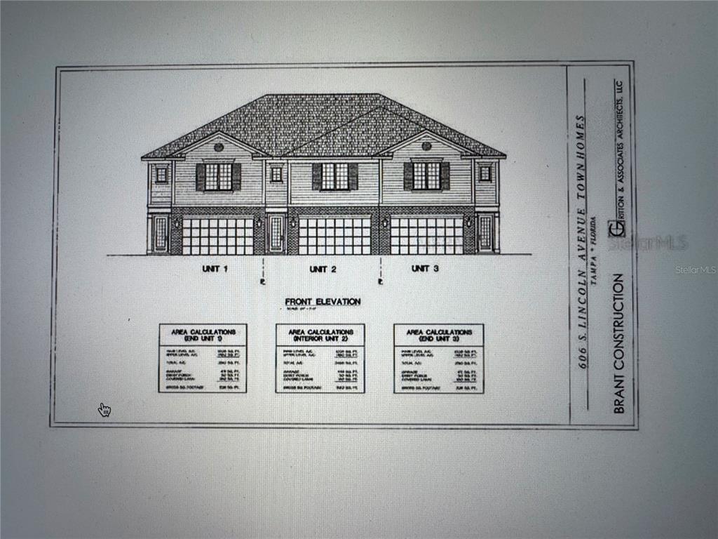 This is an architectural rendering of the front elevation for a three-unit townhome building — 606 S LINCOLN AVENUE UNIT 3, TAMPA, FL