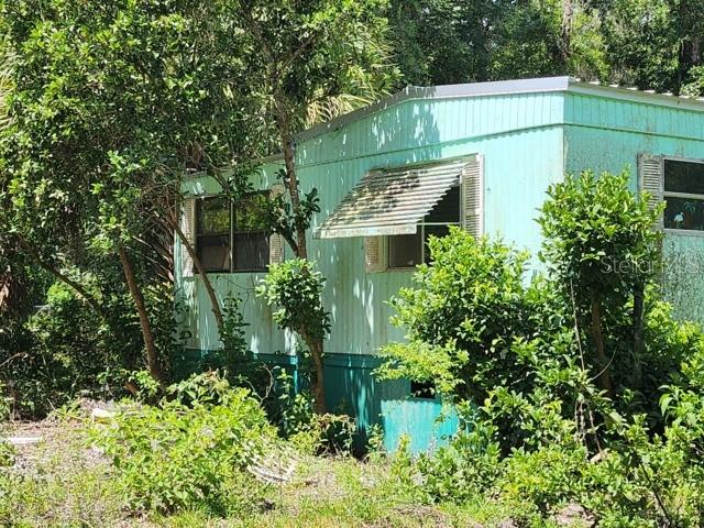 A light green mobile home sits surrounded by overgrown trees and shrubs — 3140 NE 162ND PLACE, CITRA, FL