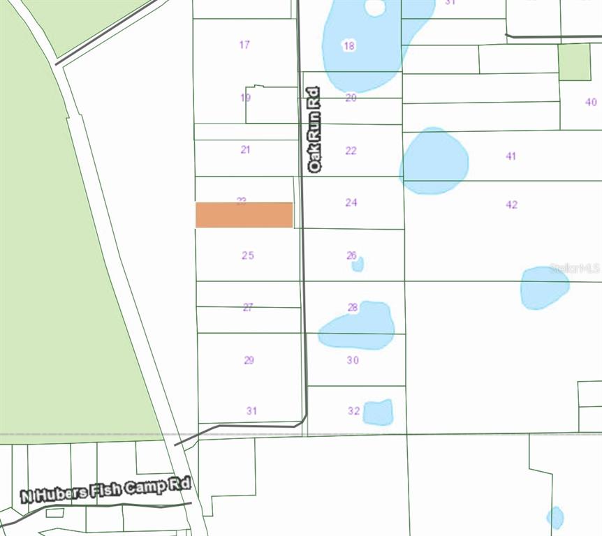 This is a property map showing a highlighted parcel of land along Oak Run Road — 175 OAK RUN ROAD, CRESCENT CITY, FL