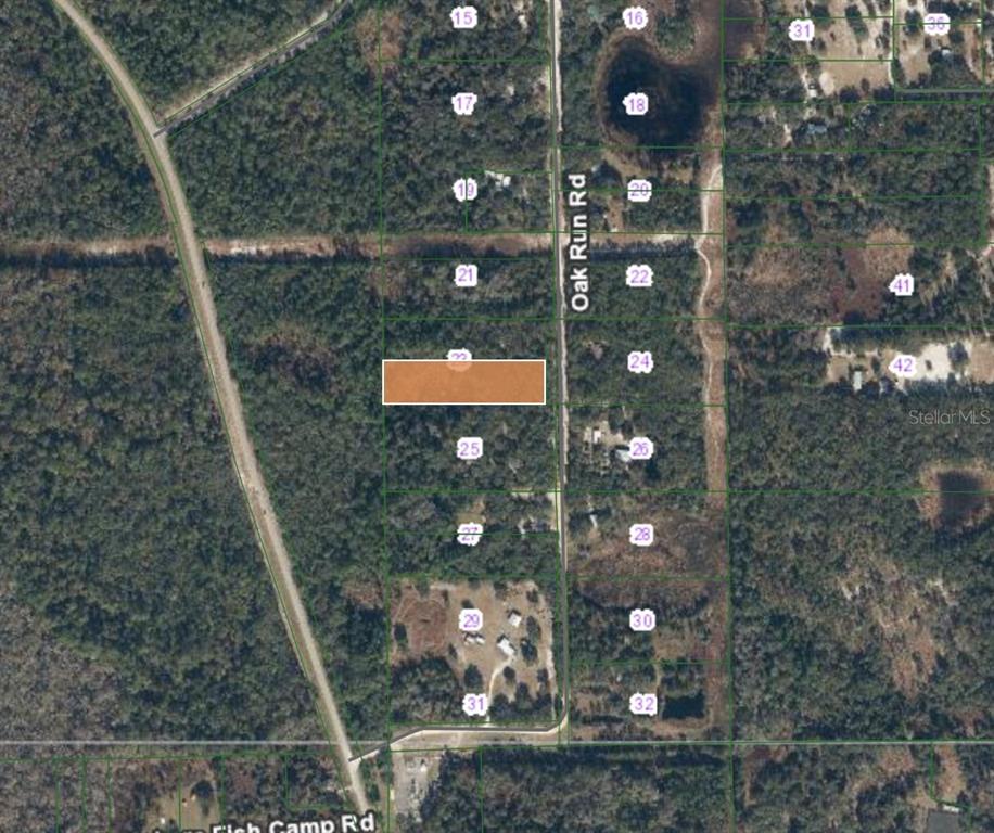 This is an aerial map showing a rectangular parcel of land highlighted in orange — 175 OAK RUN ROAD, CRESCENT CITY, FL