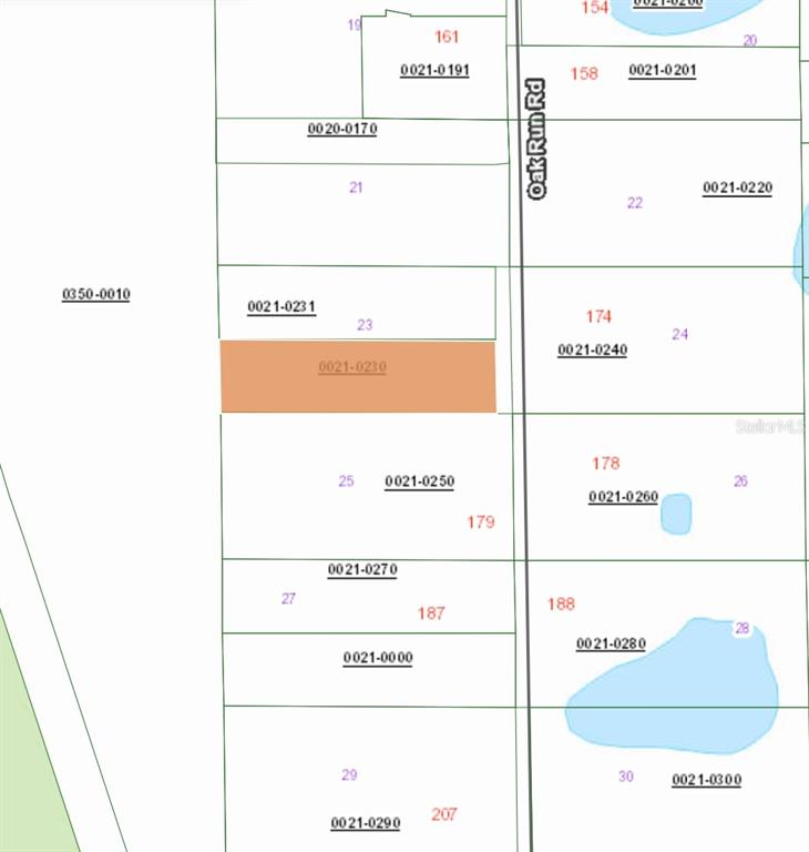 This is a property tax map showing parcel boundaries and lot numbers along Oak Run Road — 175 OAK RUN ROAD, CRESCENT CITY, FL