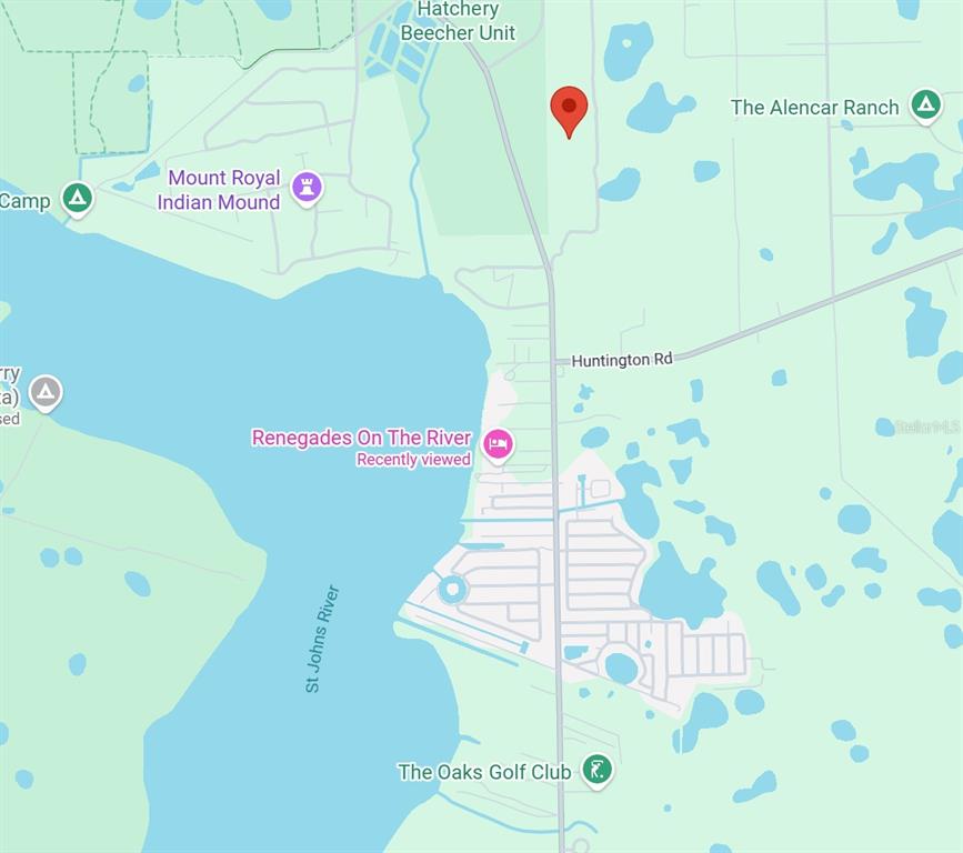 This is a map showing the location of a property near the St. Johns River — 175 OAK RUN ROAD, CRESCENT CITY, FL